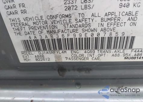 2009 Mitsubishi Galant Es/Sport Edition from USA, damaged, VIN 4A3AB36F99E007859